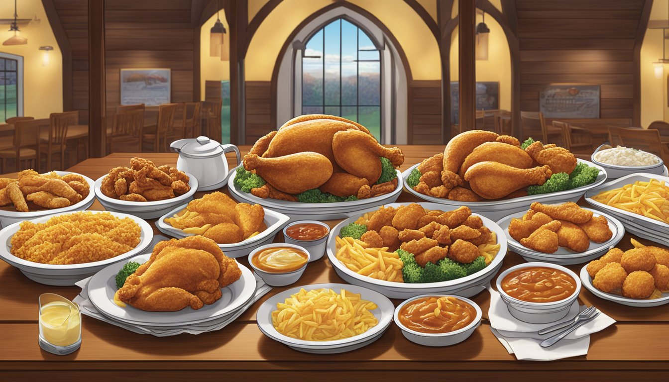 A warmly lit table showcases a spread of Church's Texas Chicken dishes, each carefully arranged to highlight their visual appeal