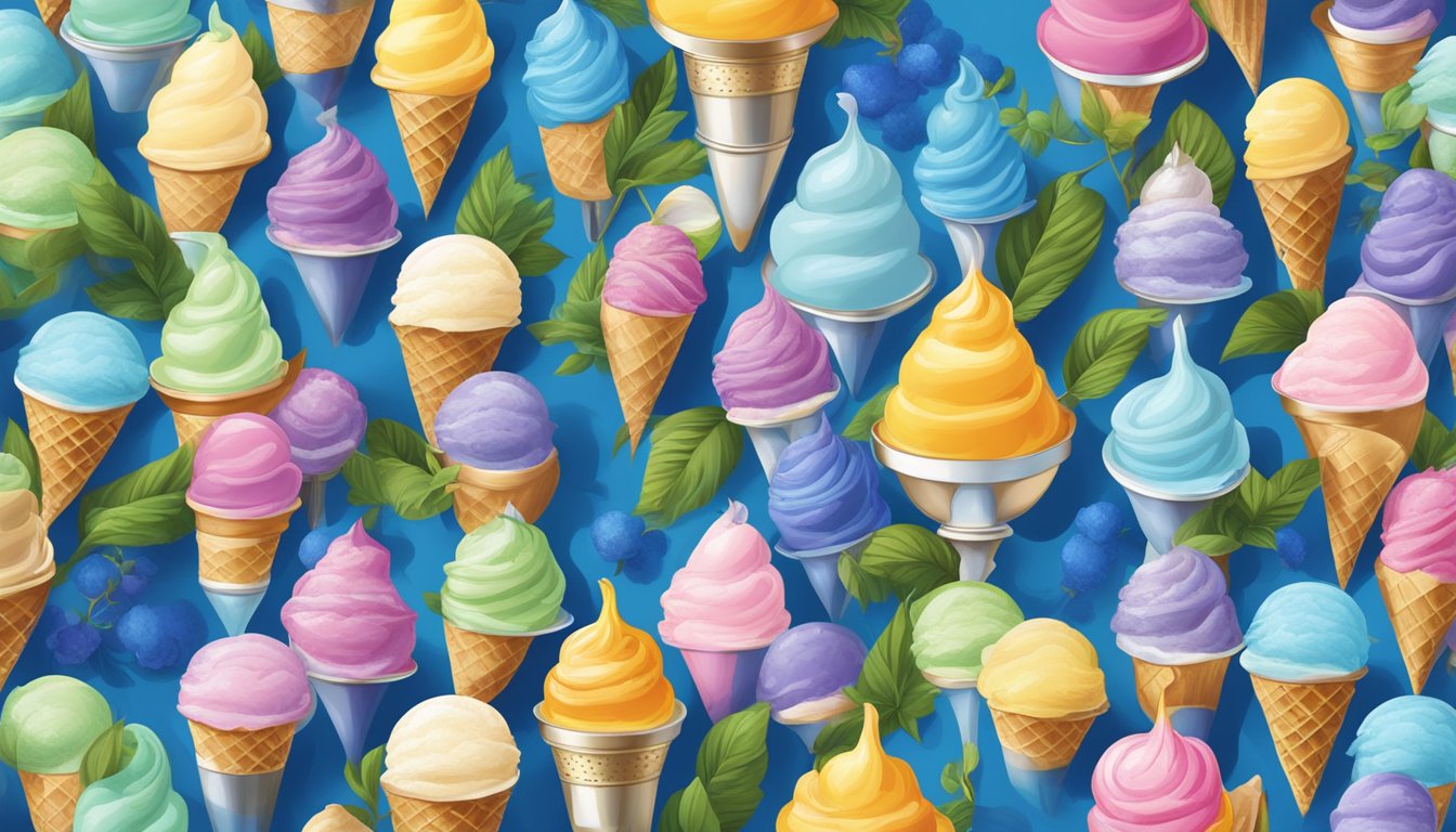 An array of 12 blue bell ice cream flavors displayed on a colorful, whimsical backdrop, surrounded by lush greenery and a clear blue sky