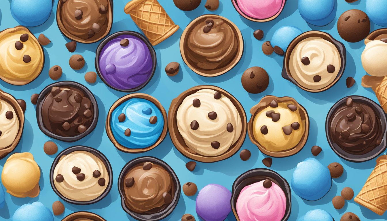 A colorful display of 12 Blue Bell ice cream flavors, surrounded by scoops of chocolate chip cookie dough