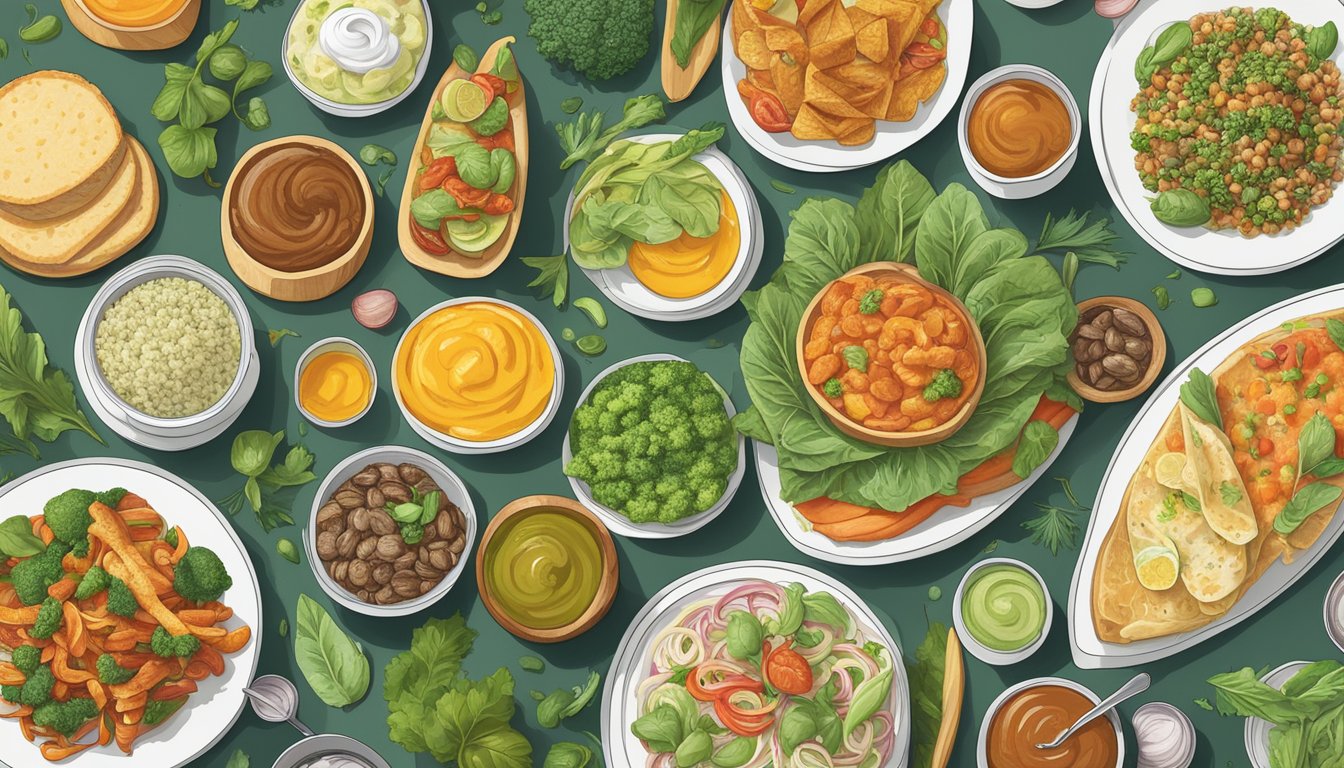 A vibrant array of plant-based ingredients and dishes displayed on a menu board, surrounded by modern and traditional food items