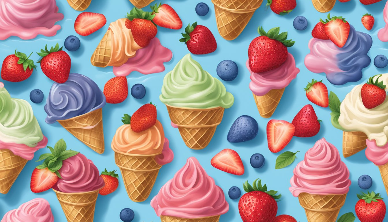 A vibrant strawberry-themed ice cream display with 12 Blue Bell flavors arranged in a tempting and artistic manner