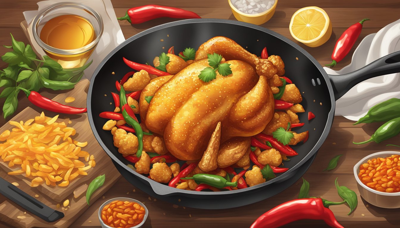 A golden, crunchy chicken breast sizzling in a hot skillet, surrounded by a halo of fiery red chili peppers