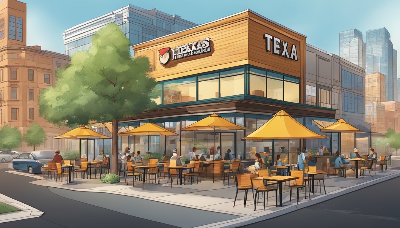 A bustling Texas Chicken restaurant with eco-friendly packaging and diverse menu options, surrounded by modern urban buildings