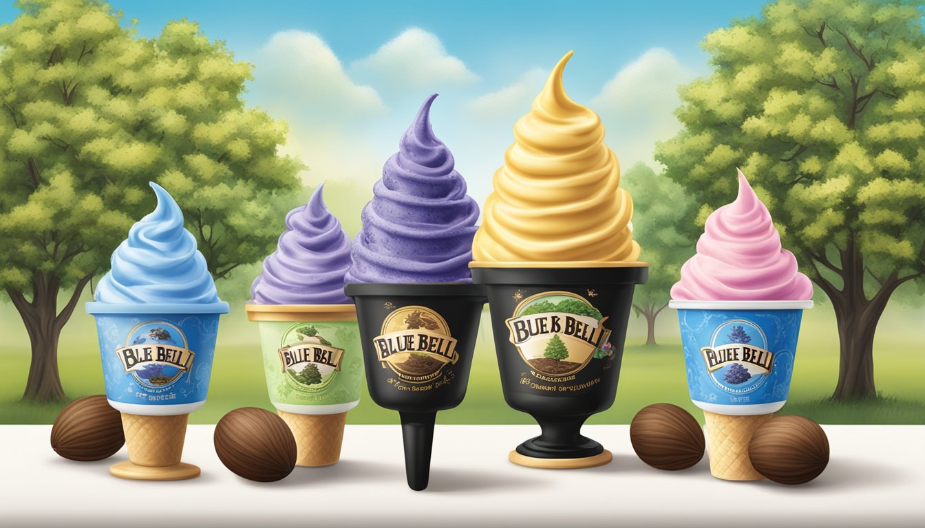 A colorful display of 12 Blue Bell ice cream flavors, surrounded by Black Walnut trees