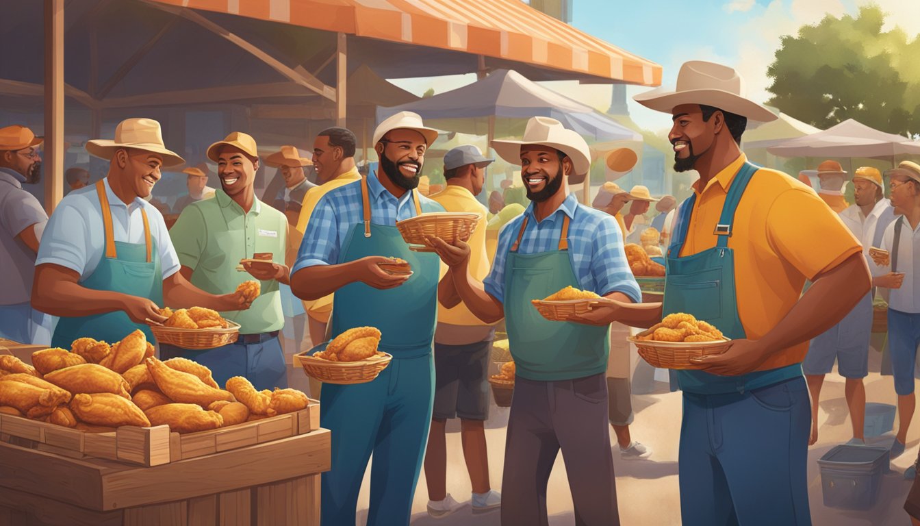 A group of farmers and Church's Texas Chicken representatives exchanging produce and discussing food trends in a vibrant outdoor market setting