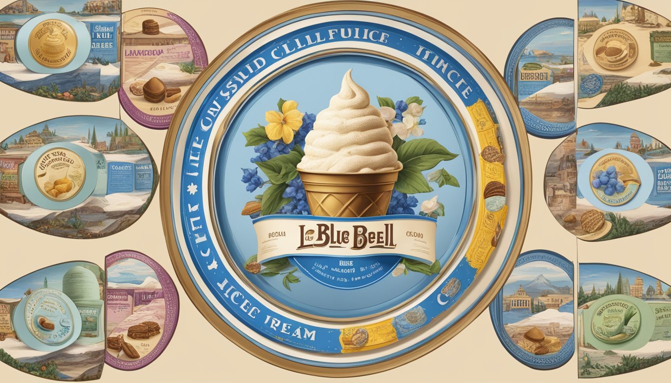 A colorful display of 12 unique Blue Bell ice cream flavors arranged in a circular pattern, surrounded by vintage advertisements and historical images