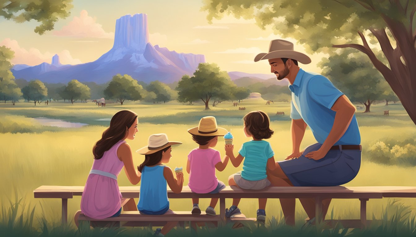 A Texan family enjoying Blue Bell ice cream on a hot summer day, surrounded by iconic Texas scenery