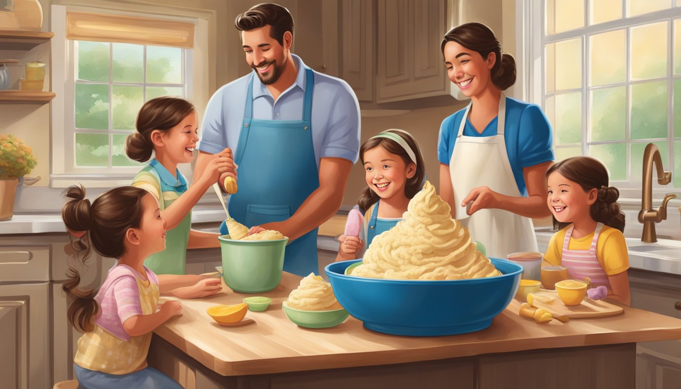 A table filled with fresh ingredients, a vintage churn, and a smiling family enjoying scoops of Blue Bell ice cream in a cozy kitchen