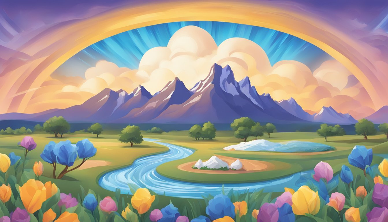 A colorful Texas landscape with iconic Blue Bell ice cream flavors swirling around a central logo