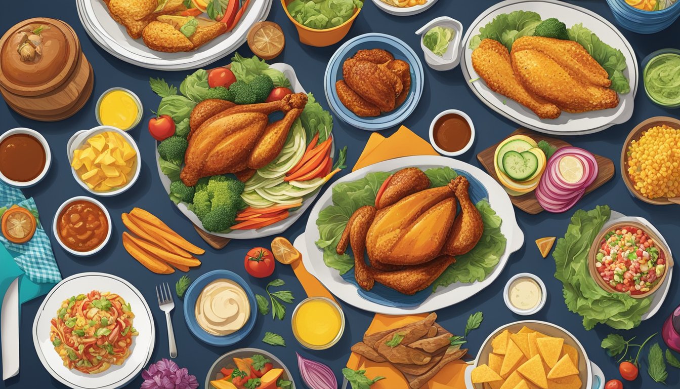 A vibrant table spread with colorful, fresh ingredients and a variety of healthy meal options, showcasing the adaptation of Church's Texas Chicken to changing food trends