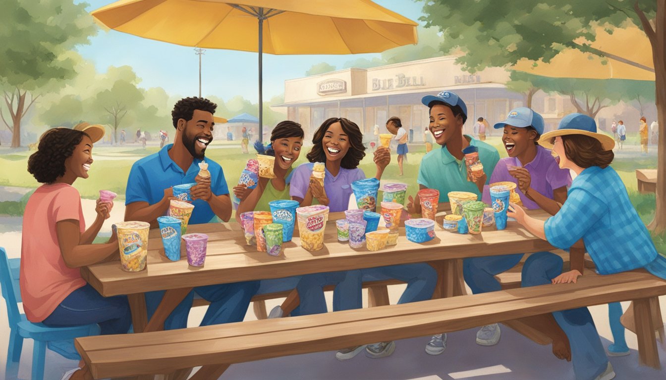 A group of Texans gather around a large picnic table, enjoying scoops of Blue Bell ice cream in various flavors. The table is covered in colorful wrappers and empty cartons, with smiles and laughter filling the air