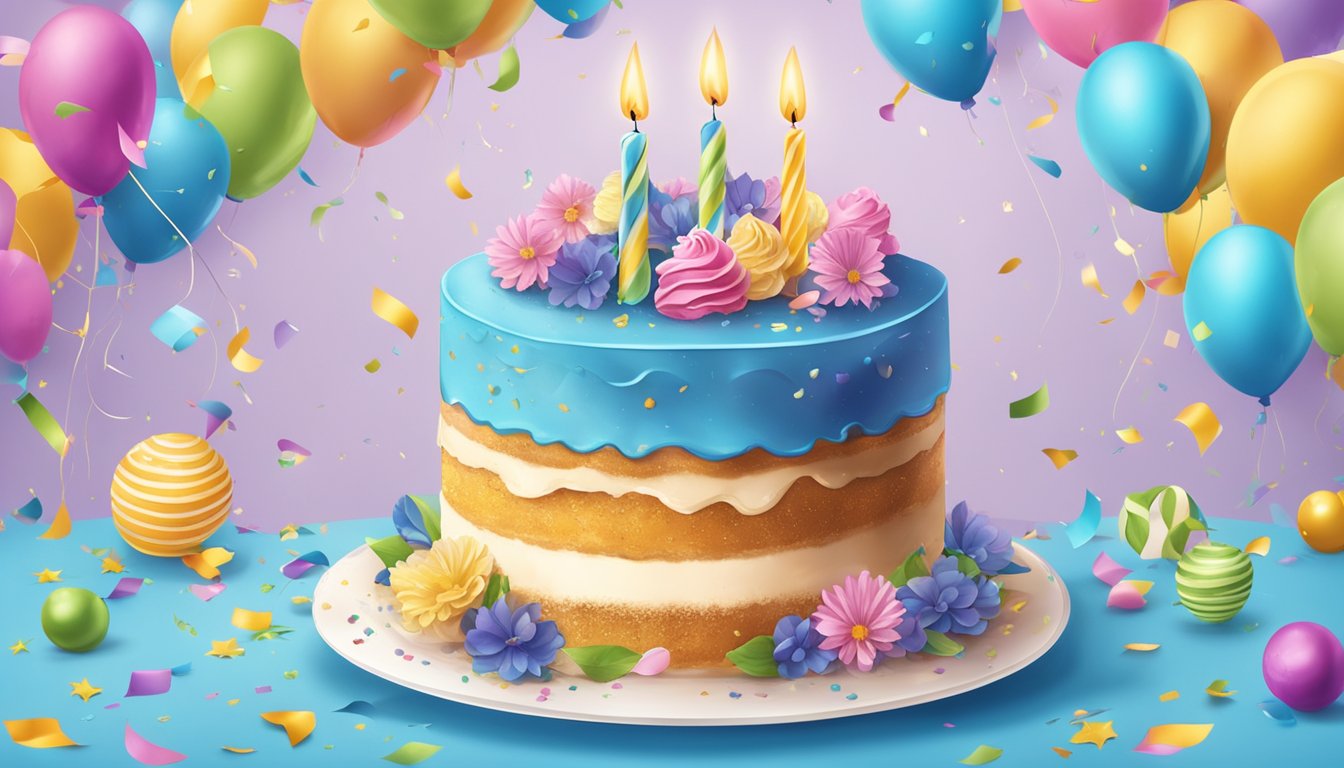 A colorful birthday cake surrounded by party decorations and confetti, with a "Blue Bell" logo prominently displayed