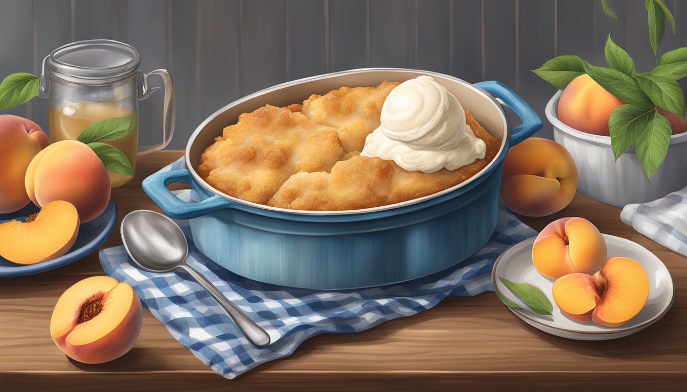 A rustic kitchen table with a steaming peach cobbler surrounded by fresh peaches and a scoop of Blue Bell ice cream