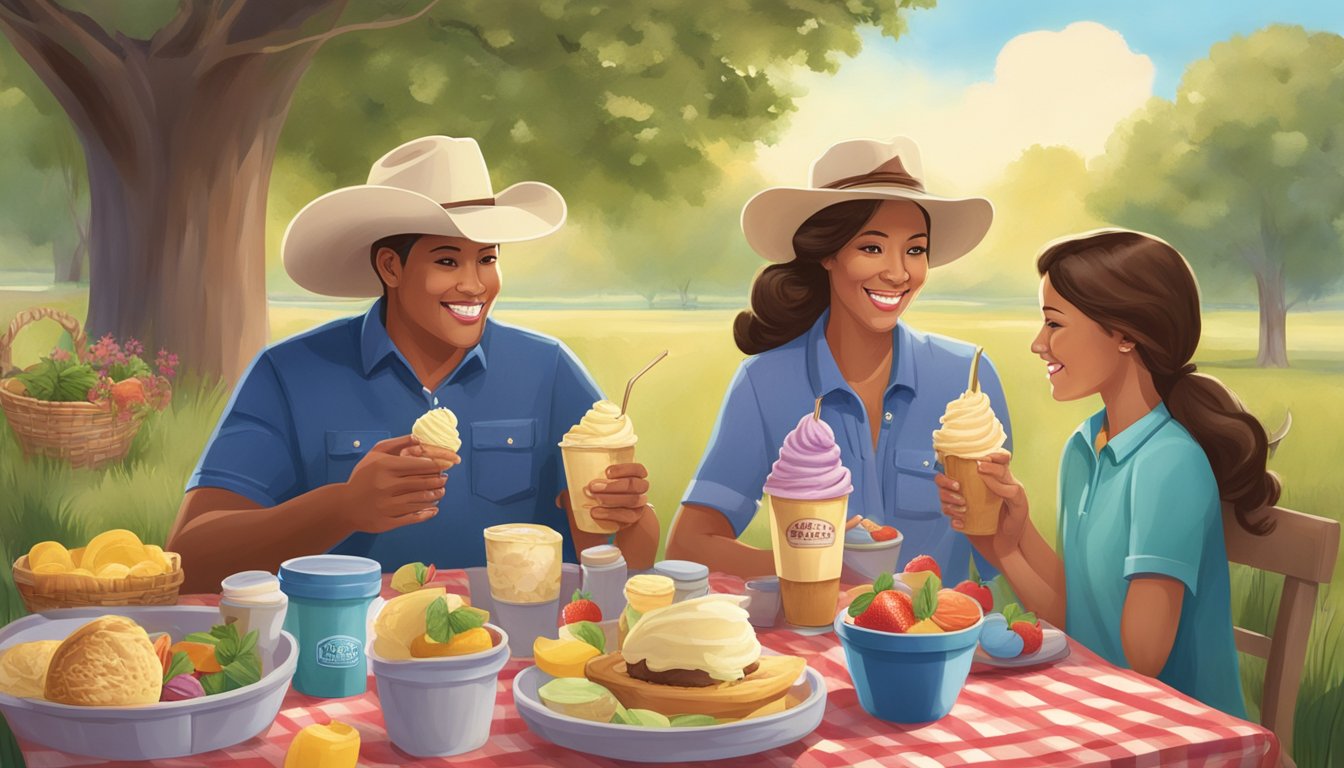 A Texan family enjoying a picnic with a spread of Blue Bell ice cream and a backdrop of high-quality ingredients