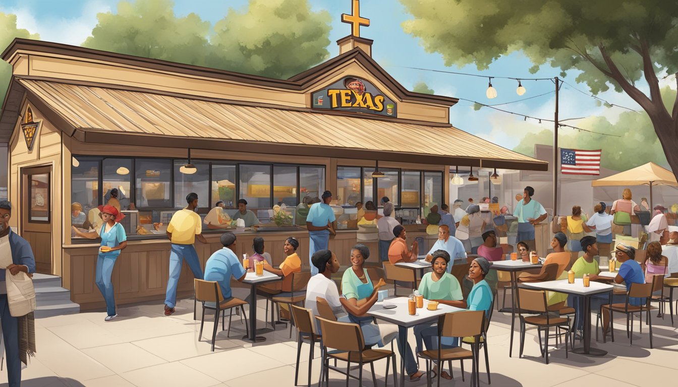 A bustling Texas Chicken restaurant with diverse customers enjoying a variety of trendy food options. Outdoor seating and a community notice board highlight the church's involvement