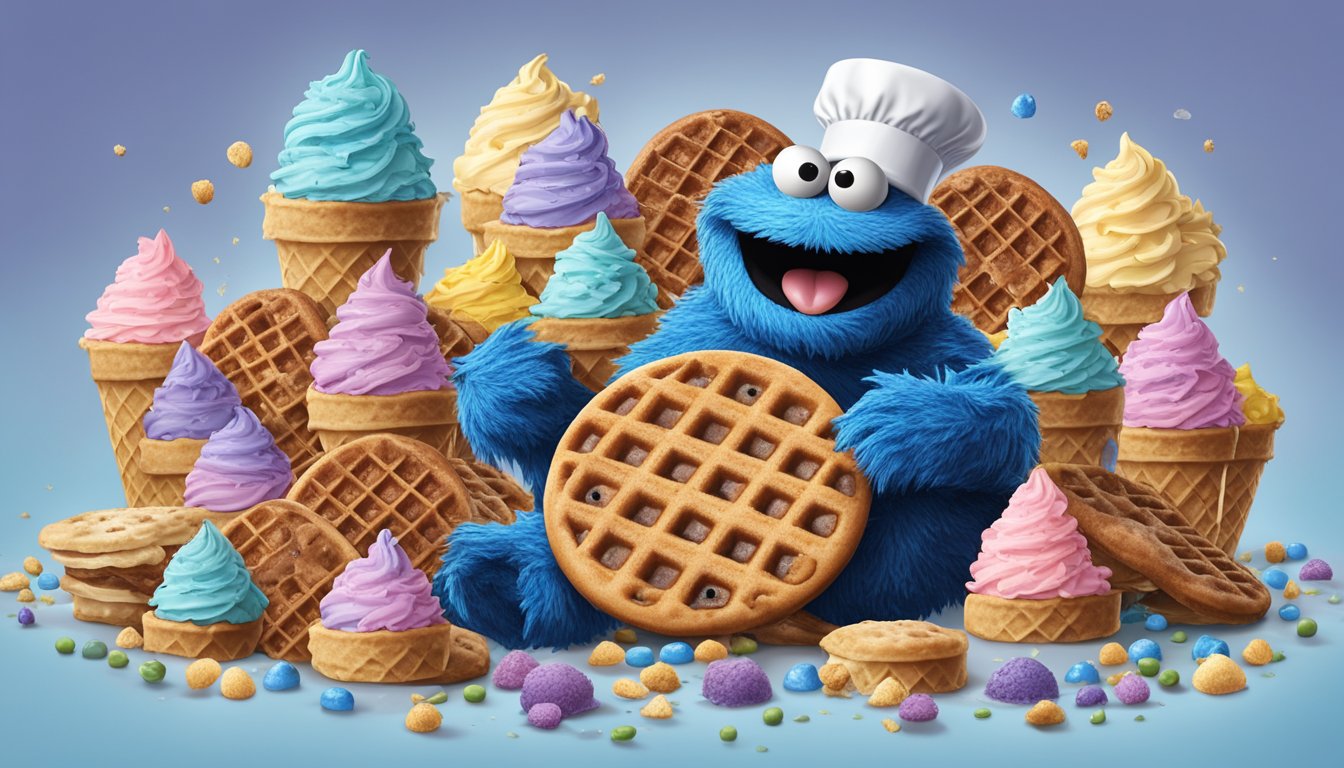 A giant, smiling cookie monster with a waffle cone hat surrounded by various Blue Bell ice cream flavors and toppings