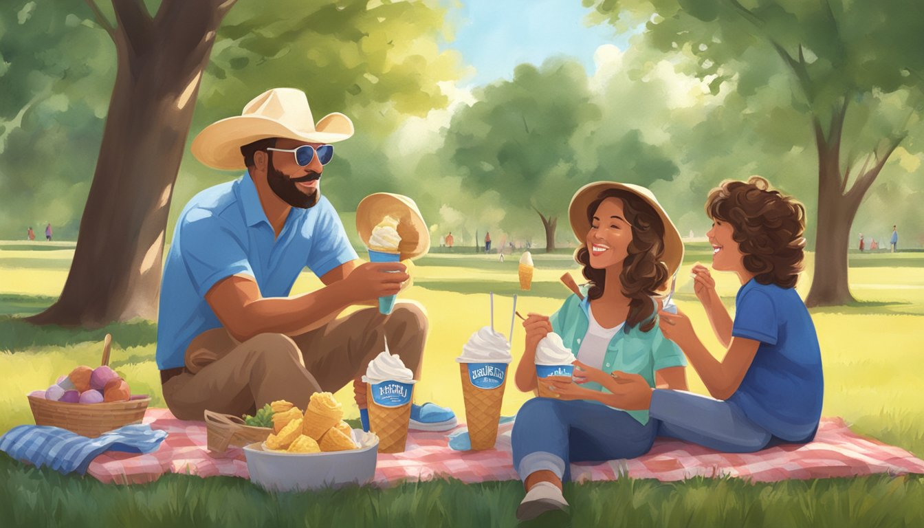 A Texas family enjoying Blue Bell ice cream at a picnic in a sunny park