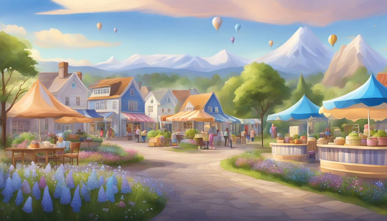 A serene countryside landscape with a picturesque blue bell flower field, a quaint ice cream shop, and a bustling community fair