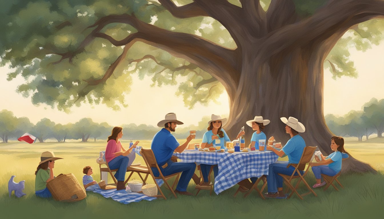 A Texan family picnic under a sprawling oak tree, with a cooler of Blue Bell ice cream and a Texas flag waving in the breeze