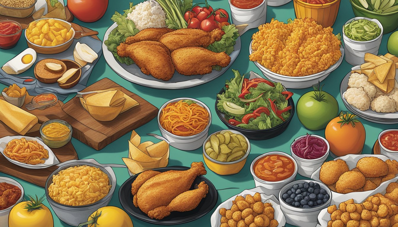 A vibrant collage of fresh ingredients and bold flavors, showcasing 12 unique dishes from Church's Texas Chicken, each adapted to reflect current food trends