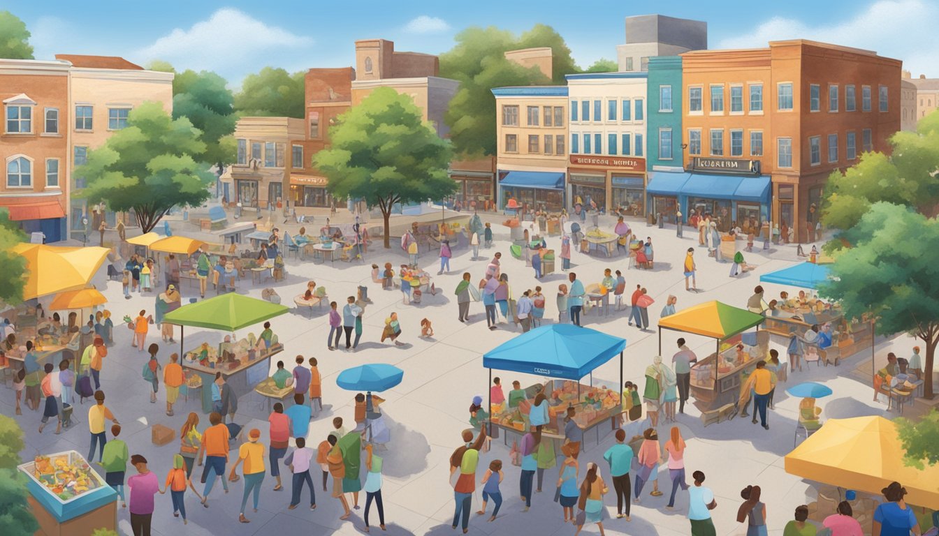 A bustling town square with a colorful mural depicting community events and initiatives, surrounded by happy people enjoying Blue Bell ice cream