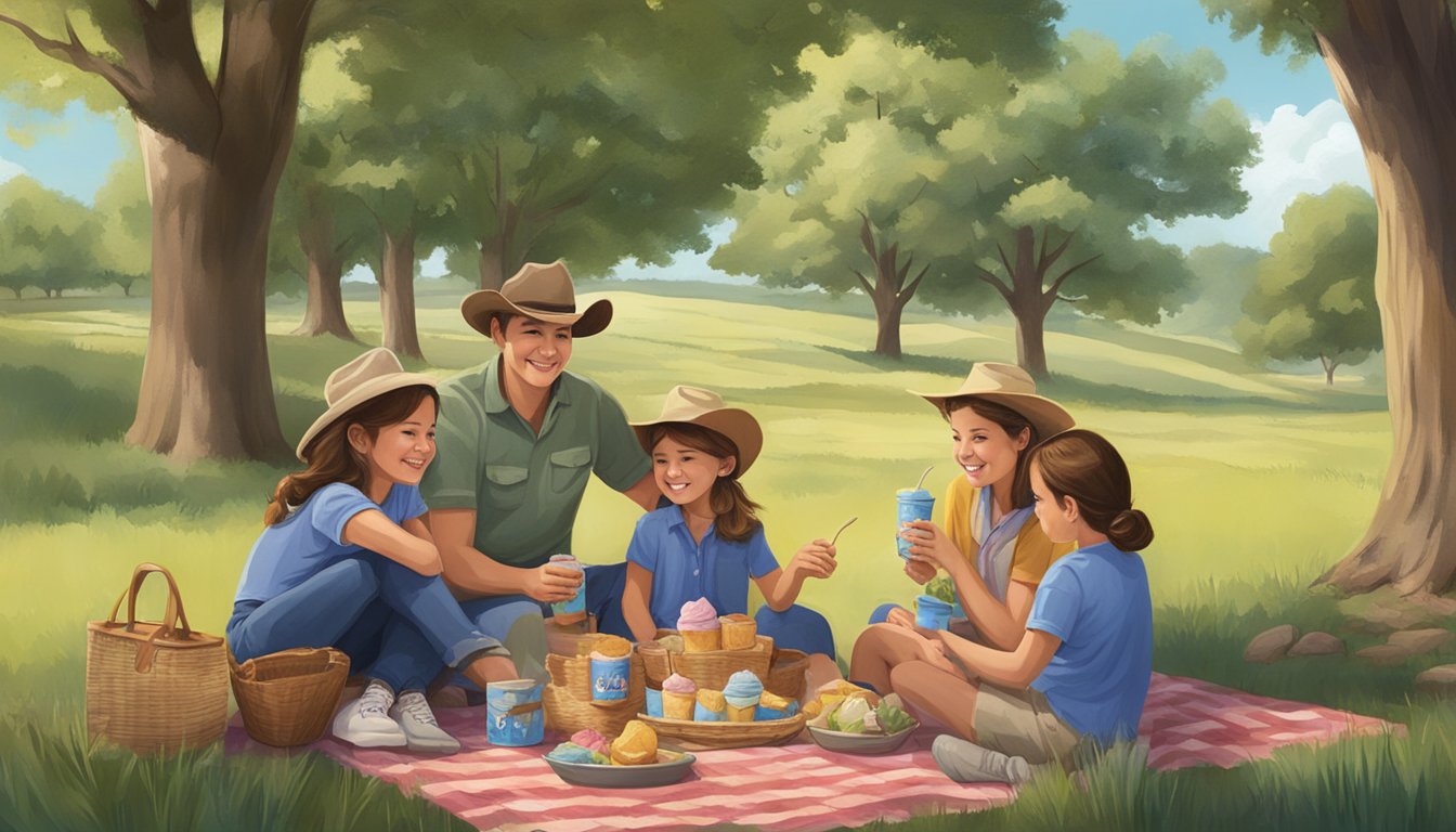 A Texan family enjoying a picnic with Blue Bell ice cream in a scenic countryside setting