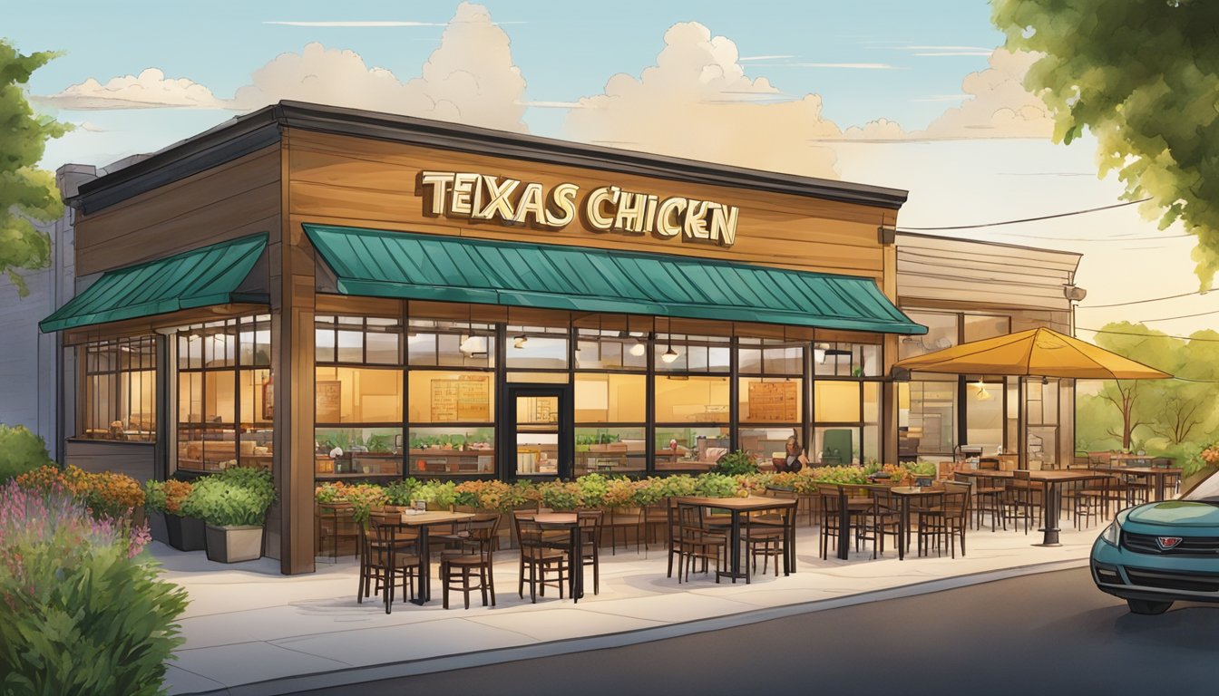 A bustling Texas Chicken restaurant with eco-friendly packaging, locally-sourced ingredients, and a rooftop garden, showcasing sustainability efforts