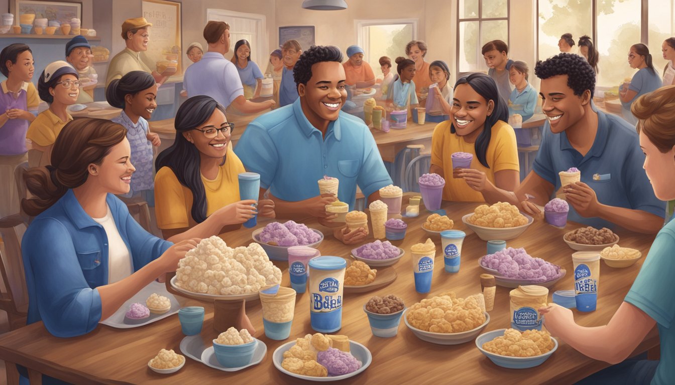 A group of Texans gather around a large table filled with various flavors of Blue Bell ice cream, eagerly enjoying the sweet treat together