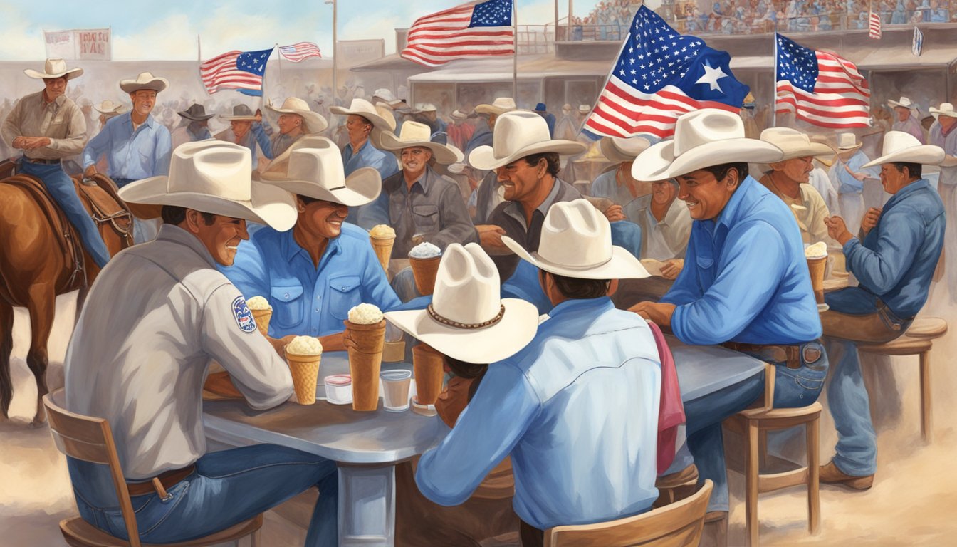 Texans enjoying Blue Bell ice cream at a local rodeo, surrounded by cowboy hats and boots, with a Texas flag waving in the background