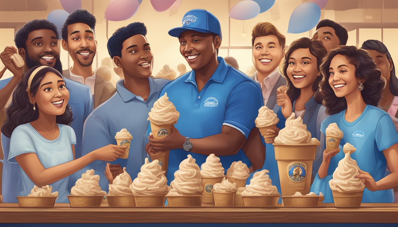 A group of diverse celebrity fans surround a display of Blue Bell ice cream, each expressing excitement and admiration