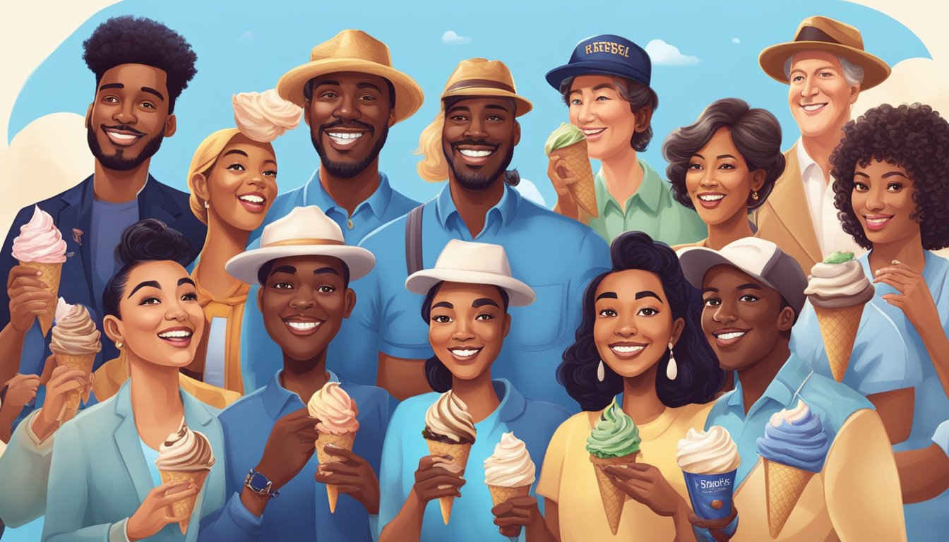 A group of 14 different celebrities from various backgrounds and professions are shown enjoying Blue Bell ice cream, expressing their love for the brand