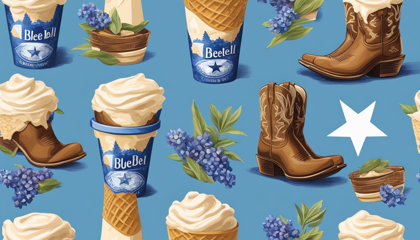 A towering cone of Blue Bell ice cream surrounded by iconic Texas symbols like cowboy boots, bluebonnets, and a lone star