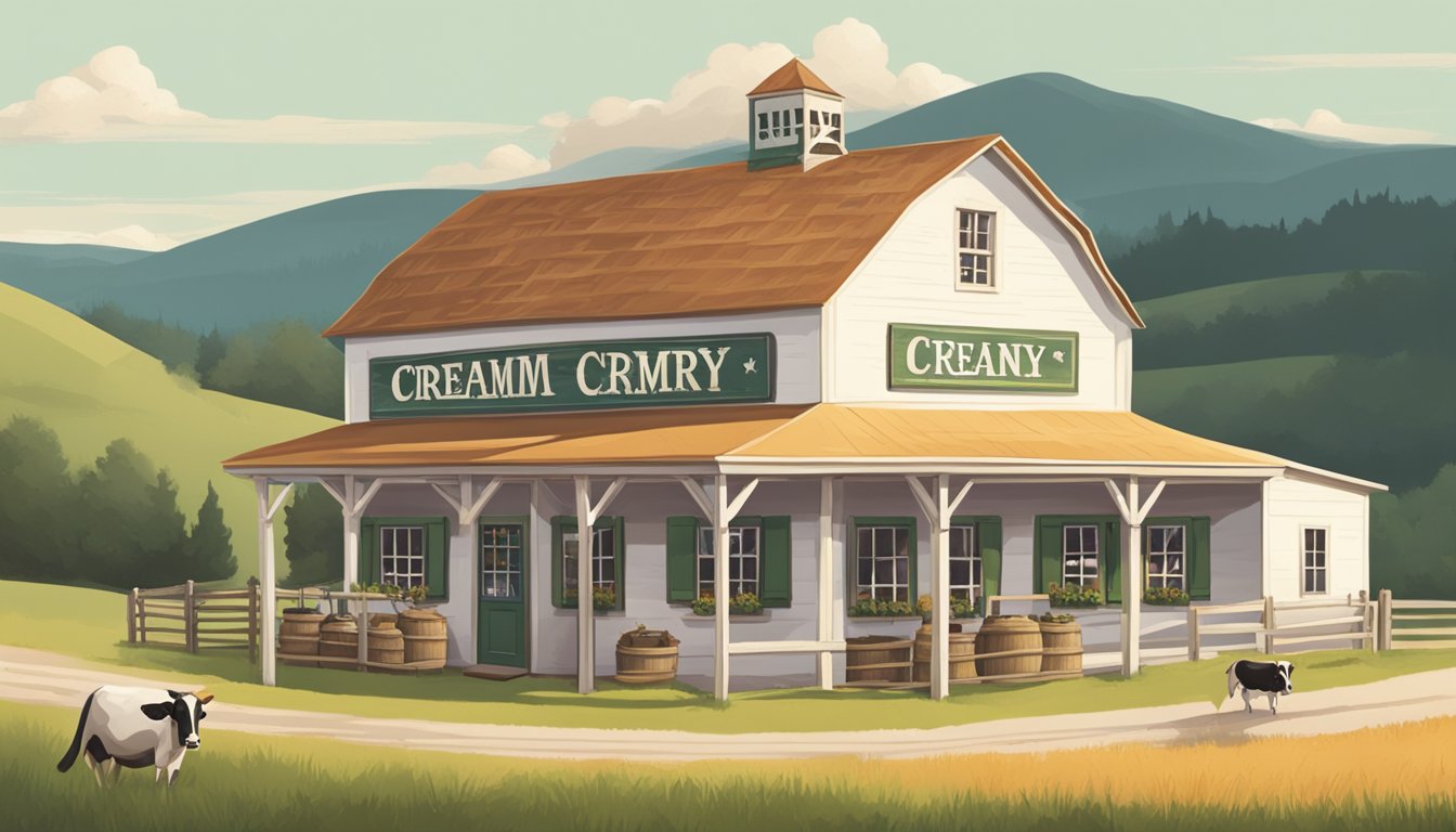 A quaint creamery building with a rustic sign, surrounded by rolling hills and grazing cows, evoking a sense of nostalgia and tradition