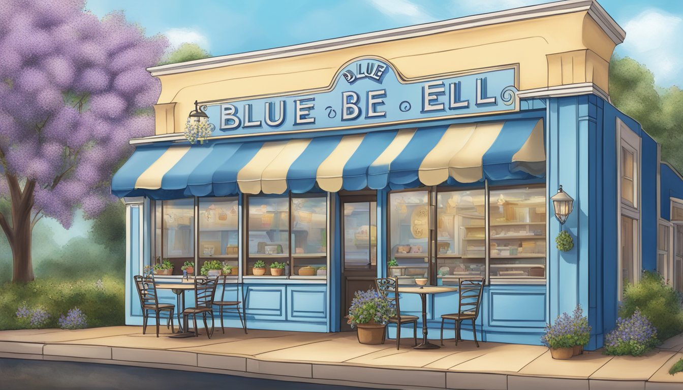 A vintage ice cream parlor with a sign reading "Blue Bell" surrounded by Texas bluebell flowers