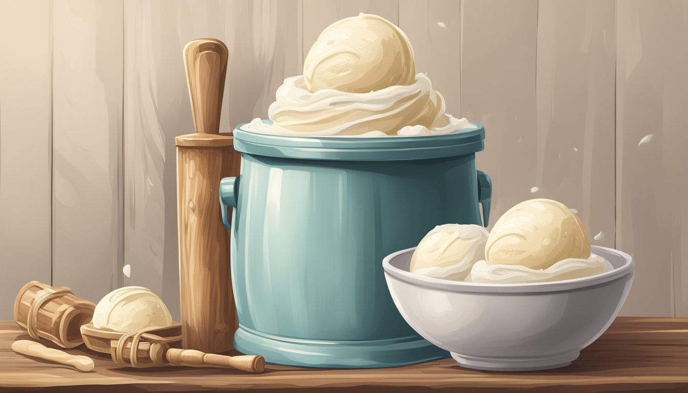 A vintage ice cream churn sits on a wooden table, surrounded by fresh vanilla beans and a bowl of creamy homemade vanilla ice cream