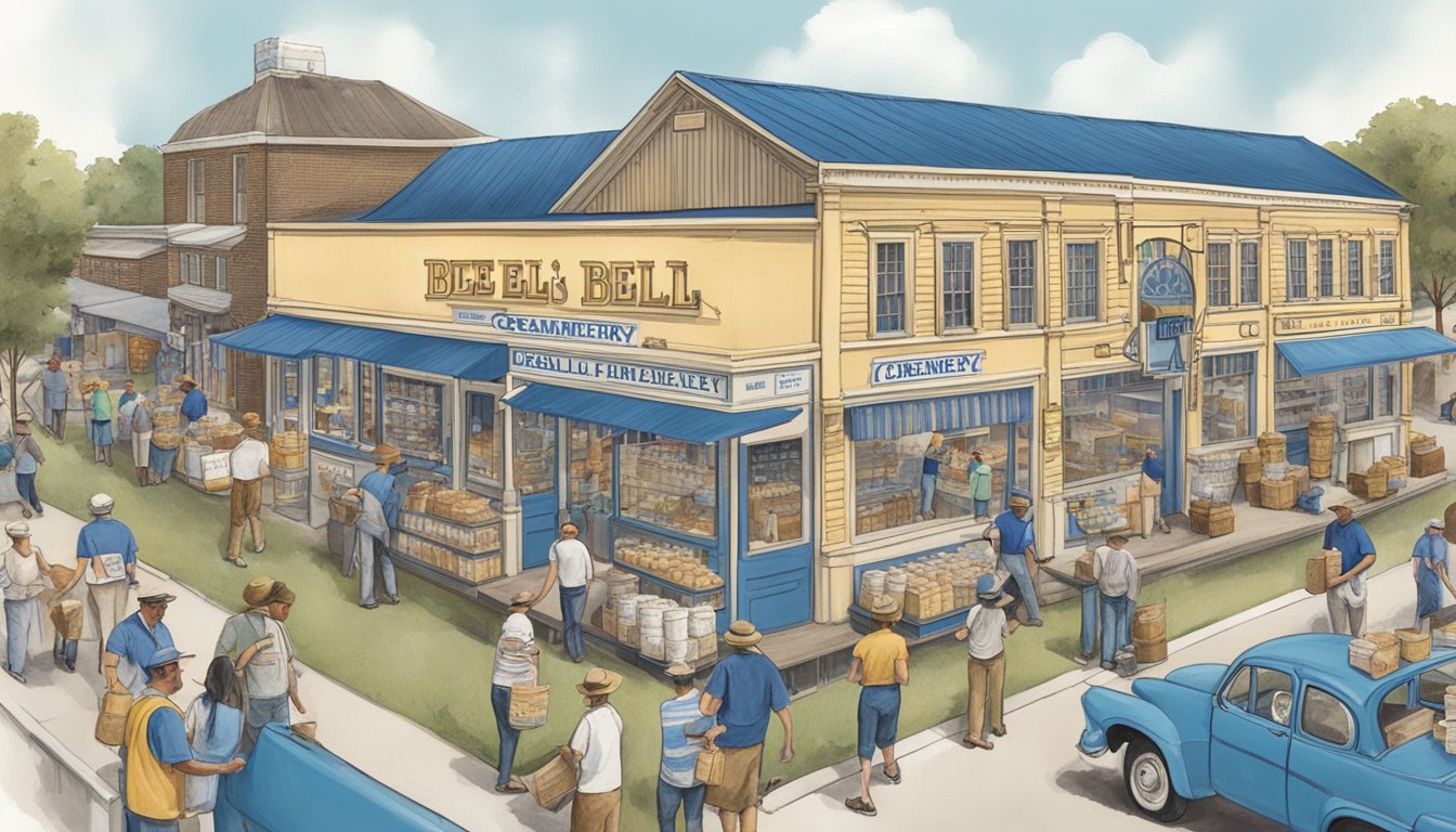 A bustling creamery with visitors sampling ice cream, workers packaging cartons, and a display of Blue Bell's history and influence on Texas culture