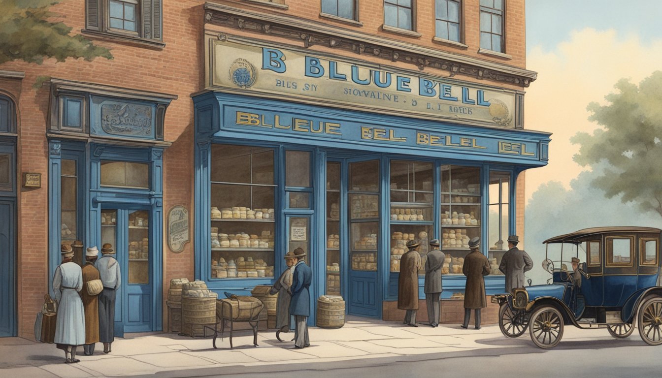 A vintage storefront with a sign reading "Blue Bell" in 1911. Customers line up outside, eager to purchase the company's products