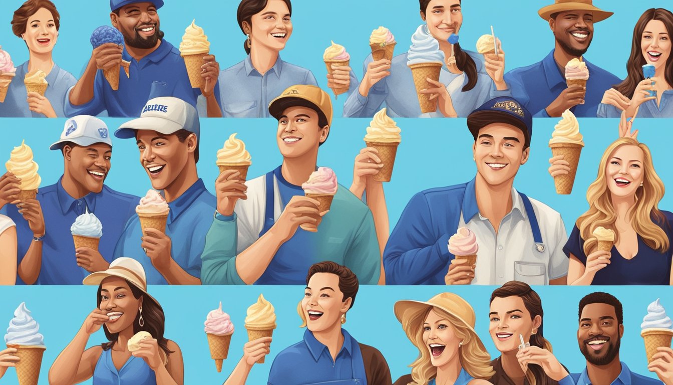 A group of 14 different celebrities holding or enjoying Blue Bell ice cream in various settings and poses