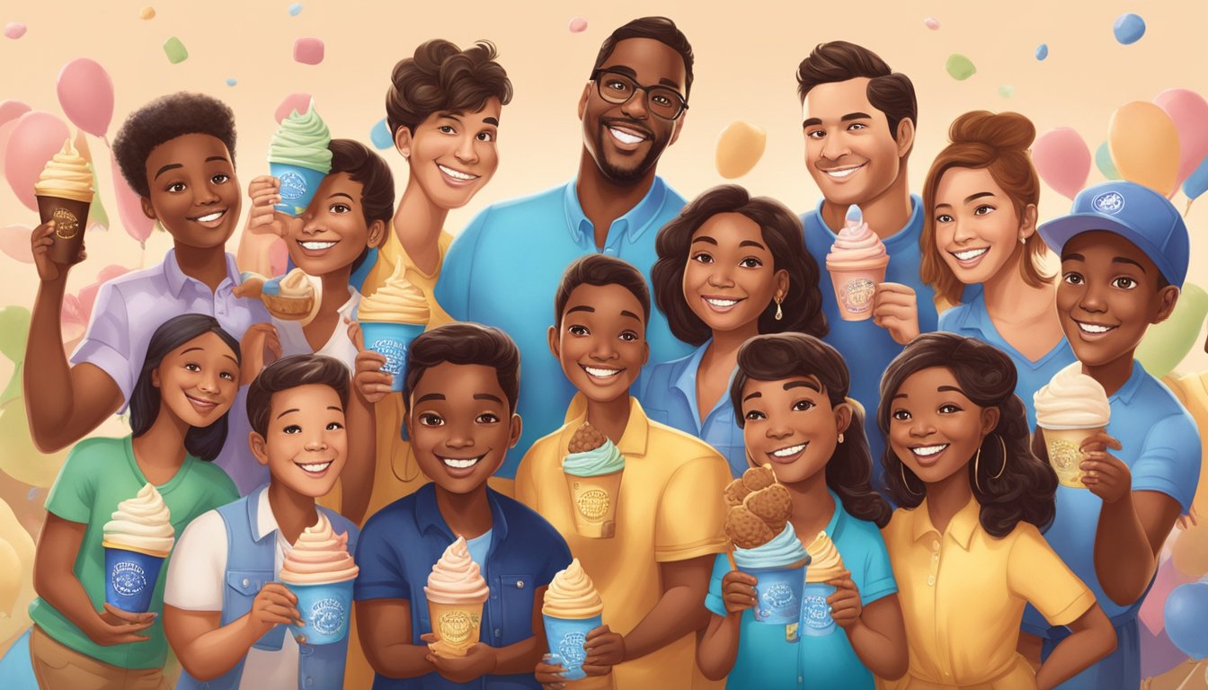 A group of diverse celebrity fans of Blue Bell ice cream pose for a photo together, smiling and holding up their favorite flavors