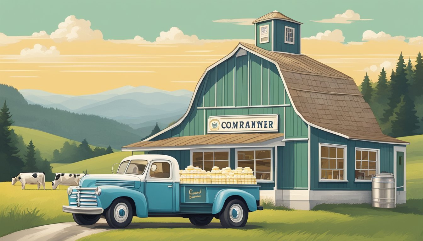 A quaint creamery nestled in a rural town, surrounded by rolling hills and grazing cows. A vintage milk truck sits outside, with a sign proudly displaying the company's slogan