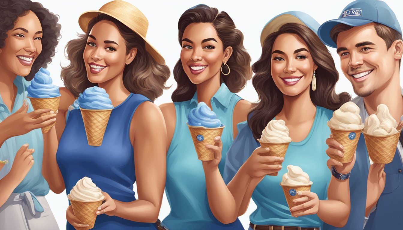 A group of 14 different celebrities holding or enjoying Blue Bell ice cream in various settings, such as on a beach, in a studio, or at a party