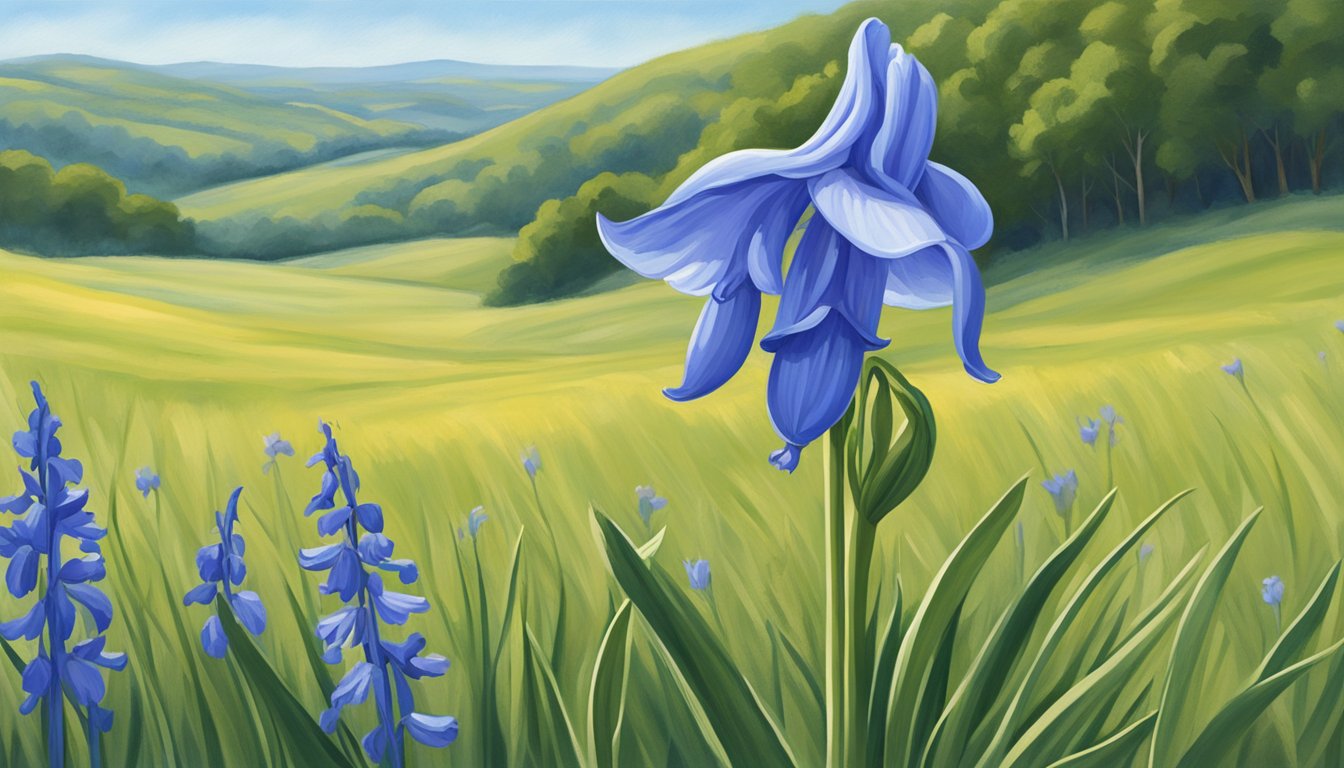 A lone bluebell flower stands tall in a field, surrounded by rolling hills and a clear blue sky, symbolizing the influence of Blue Bell on Texas culture