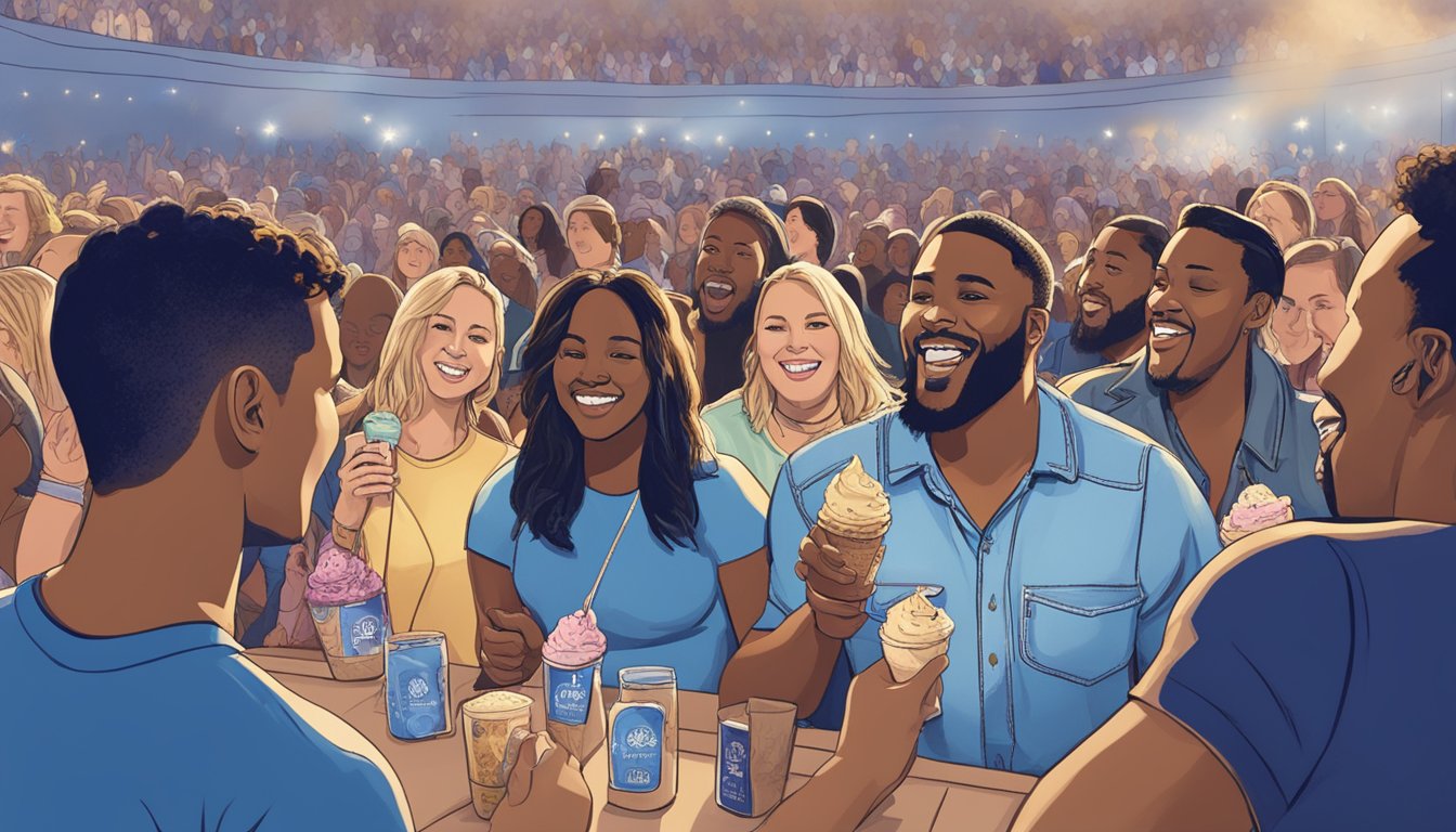 A group of diverse people enjoying Blue Bell ice cream at a concert by Miranda Lambert, with the singer performing on stage in the background