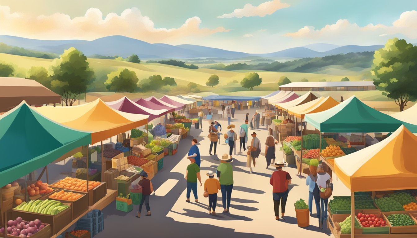 A bustling farmers market with colorful stalls selling fresh produce and livestock products, surrounded by rolling hills and a big Texas sky