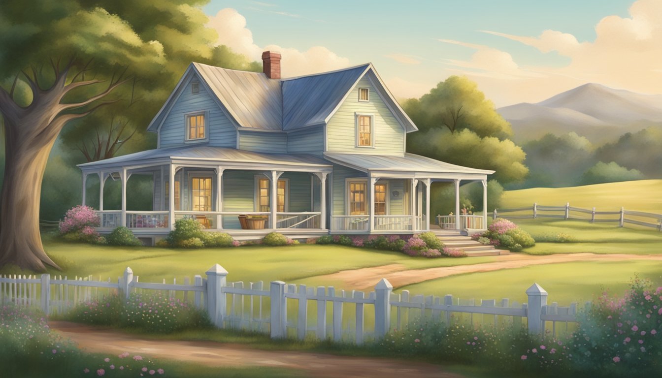 A quaint, rustic farmhouse surrounded by rolling green pastures, with a charming old-fashioned ice cream churn on the front porch