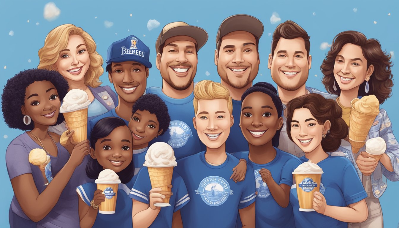 A group of 14 different celebrities, each holding a pint of Blue Bell ice cream, are gathered together in a fan-filled event