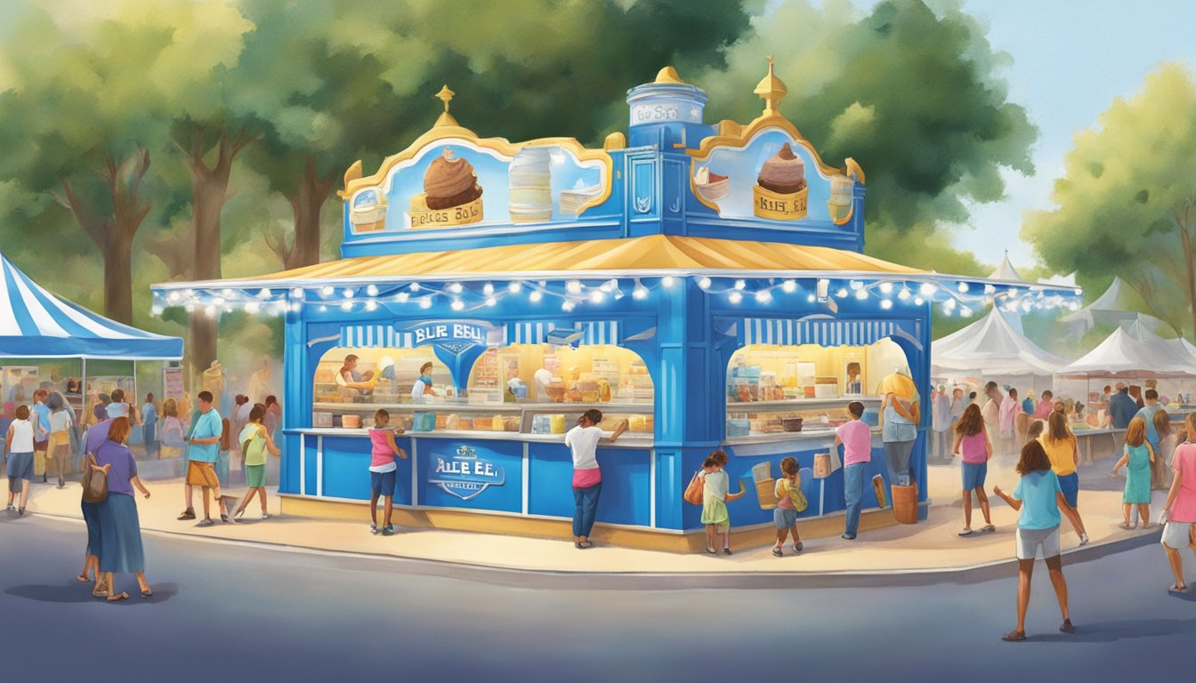 Blue Bell Ice Cream booth at Texas State Fair, surrounded by excited fairgoers enjoying various flavors