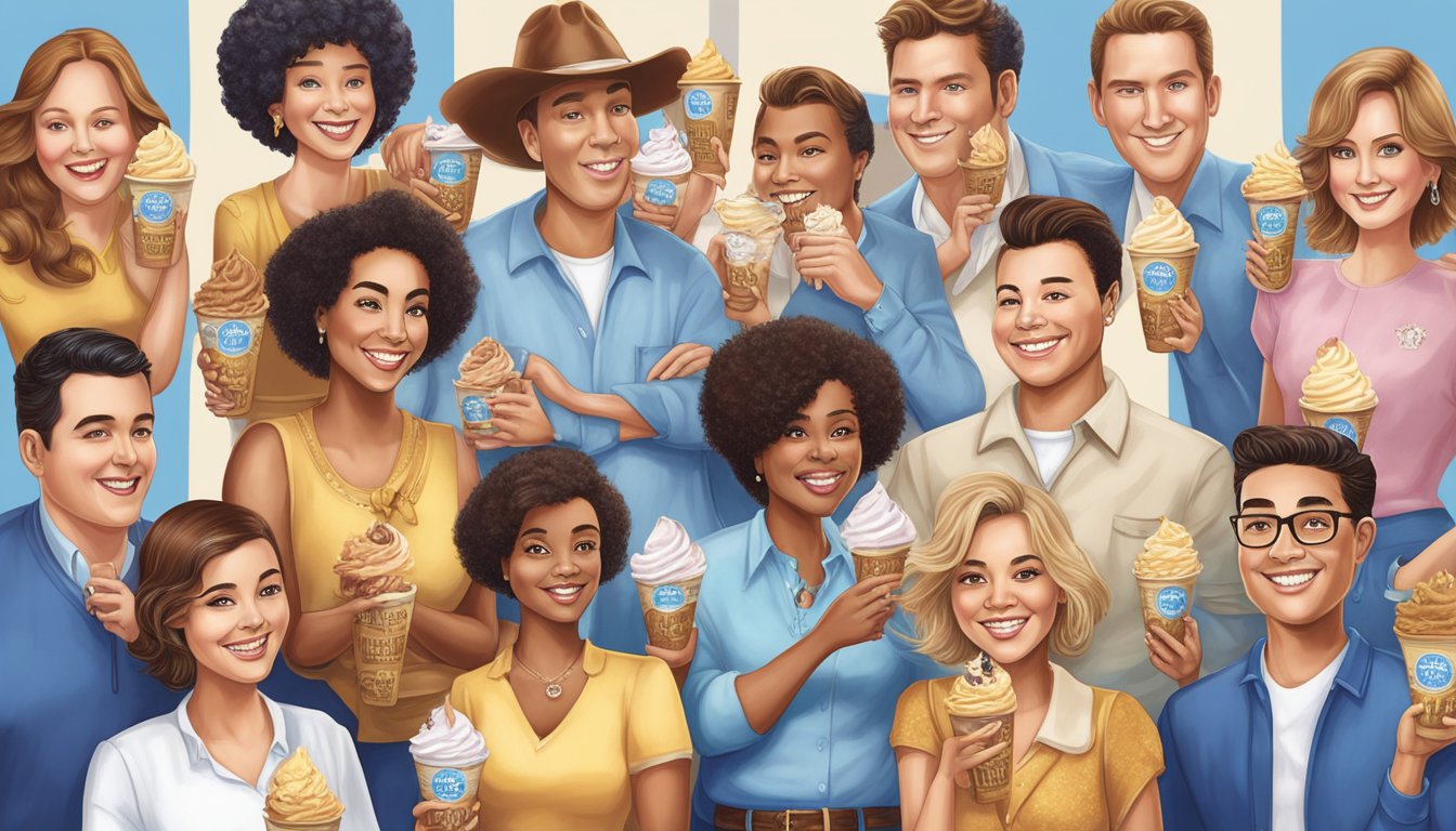 A group of 14 different celebrity fans of Blue Bell ice cream, each with their own unique style and personality, enjoying their favorite flavors in a variety of settings