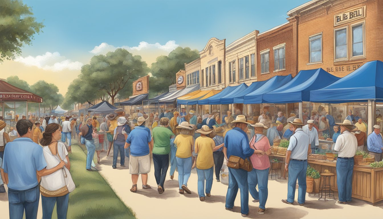 A bustling local Texas community fundraiser with various booths and activities, all centered around the iconic influence of Blue Bell on Texas culture