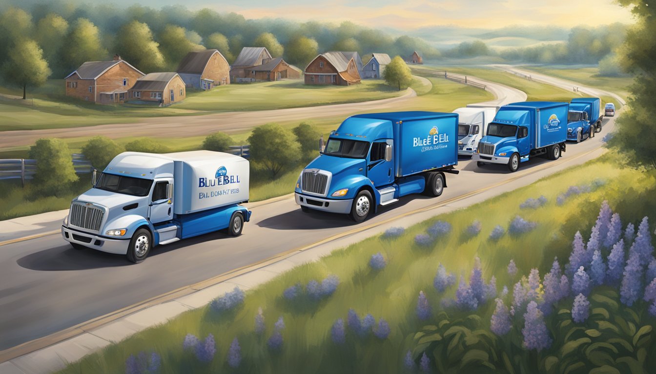 A fleet of Blue Bell delivery trucks on the move, crisscrossing through various landscapes, from urban streets to rural highways